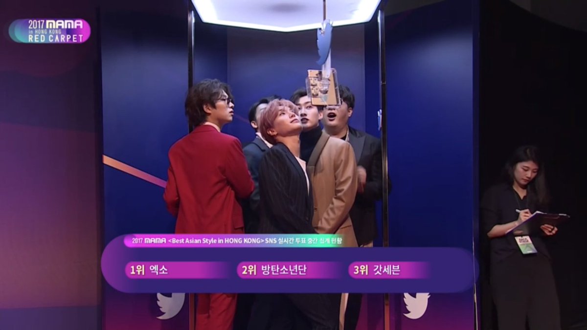 soompi's tweet photo. Current rankings for Best Asian Style! 1. EXO 2. BTS 3. GOT7 #MAMARedCarpet #2017MAMA https://t.co/SPOfK0Lo3F