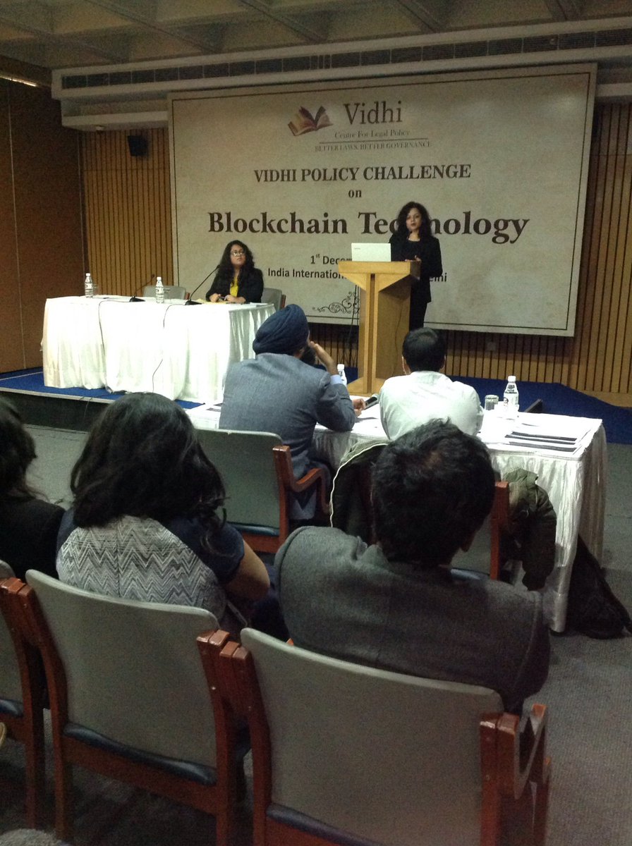 manojmathewnet's tweet photo. Students from 7 universities compete to present their policy brief for the @Vidhi_India policy challenge on #Blockchain Technology. One of the judge is @ananth1148 who co-authored a chapter in the recent book #Blockchain4Property on distributed ledgers. https://t.co/wamDgQAR9U