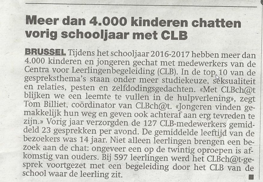 tom_billiet's tweet photo. Meer dan 4000 kinderen en jongeren chatten vorig schooljaar met CLB. Bericht in Metro 1/12/2017. #clbchat #jeugdhulpverlening #onderwijs https://t.co/Ew1FZaQtdS
