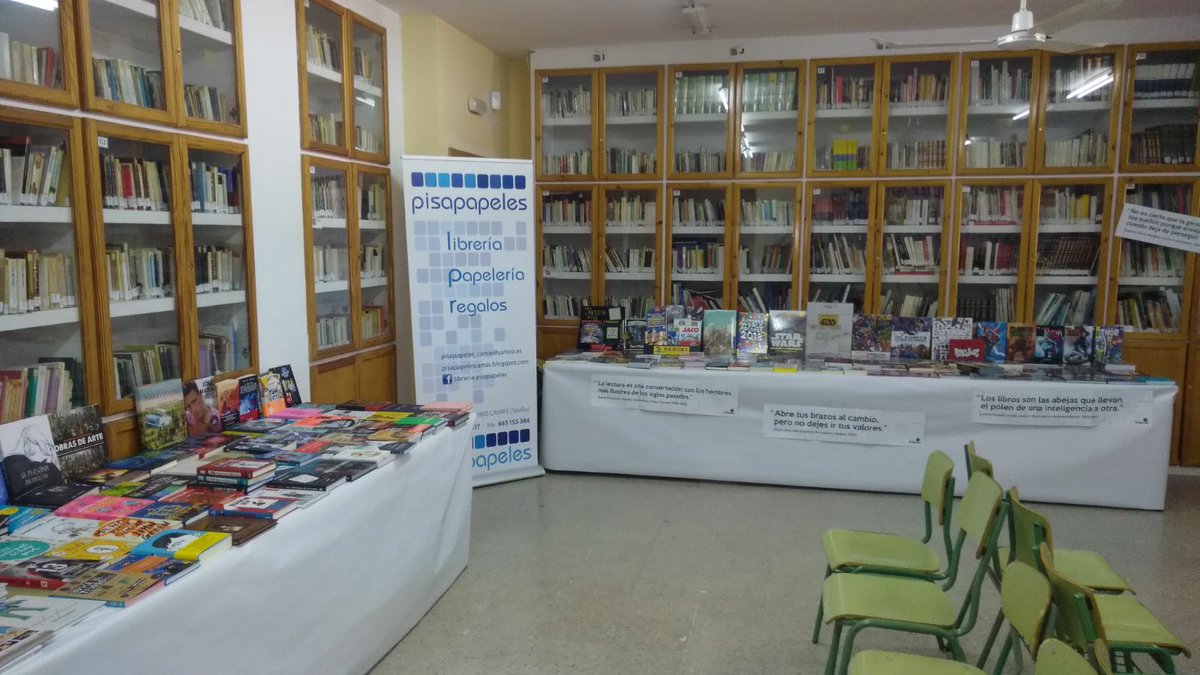 PISAPAPELESLIB's tweet photo. Buenos días. Hoy comenzamos la #FeriaDelLibro en el #IESCamas. Estaremos hoy, lunes 4 y martes 5 de diciembre. https://t.co/itck28vjlj