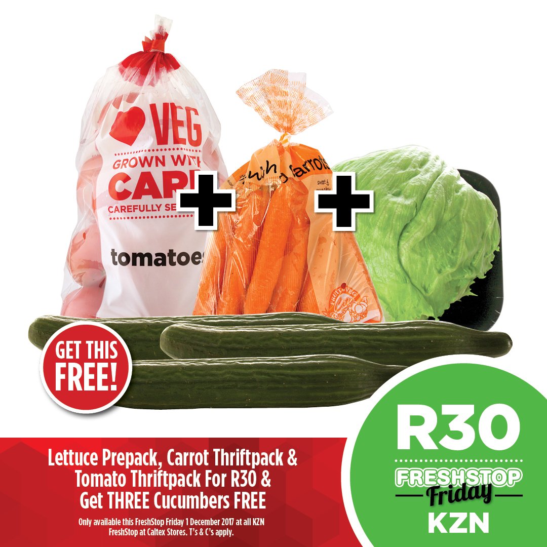 FreshstopSA's tweet photo. ๐ฎ R30 for a refreshing salad this #FreshStopFriday! Buy THREE cucumbers, a lettuce thriftpack, carrot thriftpack adn tomato thriftpack for just R30.
Valid in FreshStop at Caltex South Africa KZN stores, 1 Dec only, while stocks last. https://t.co/udVA71FxgJ