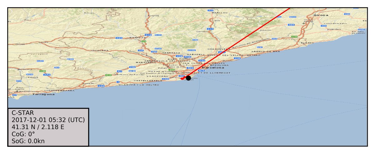 CstarWatch's tweet photo. C-STAR last position indicates it is stopped at 41.31 N / 2.118 E, 9 minutes ago. #cstar https://t.co/KLOM9hSFcI