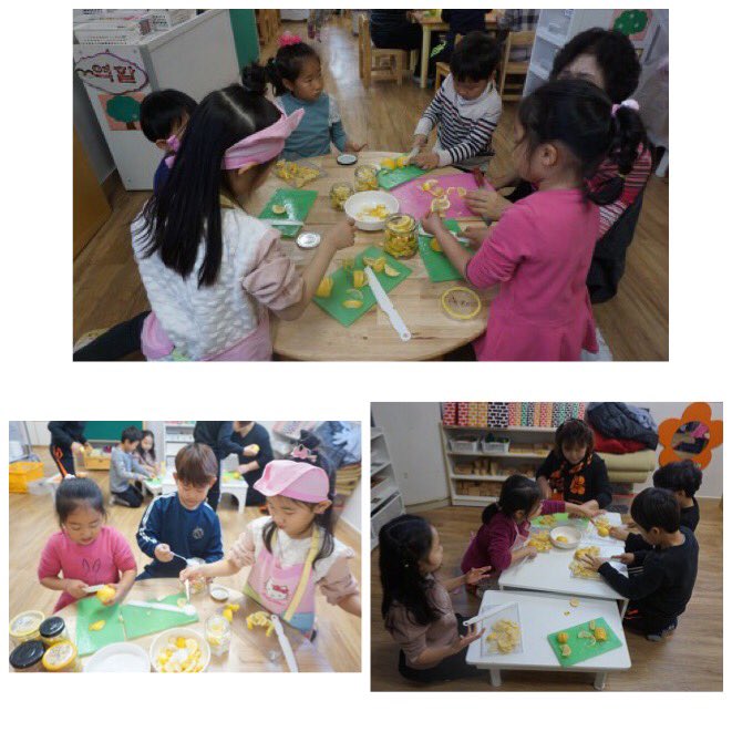 #성남시국공립양지어린이집  7세반친구들이 1,3세대 사랑의 고리 활동으로 어르신들과 함께 겨울철 감기에 좋은 레몬청을 만들어보았어요~ 친구들이 레몬을 썰으니 교실에 상큼한 향이 가득하네요~^^ 유리병에 레몬,설탕 넣어 완성했어요~><