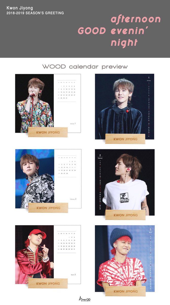 GD_WORLDWIDE's tweet photo. [SG GO] @always_gd 2018-2019
Season's Greeting 🖼

Good-afternoon
Good-evenin' Good-night 🌼

🗓 Wood Calendar (2yr Calendar)
📎 Prepayment deadline: 08/12
📎 Final deadline: 21/12

https://t.co/MTKSaUreVN https://t.co/ogjb8hPGKU