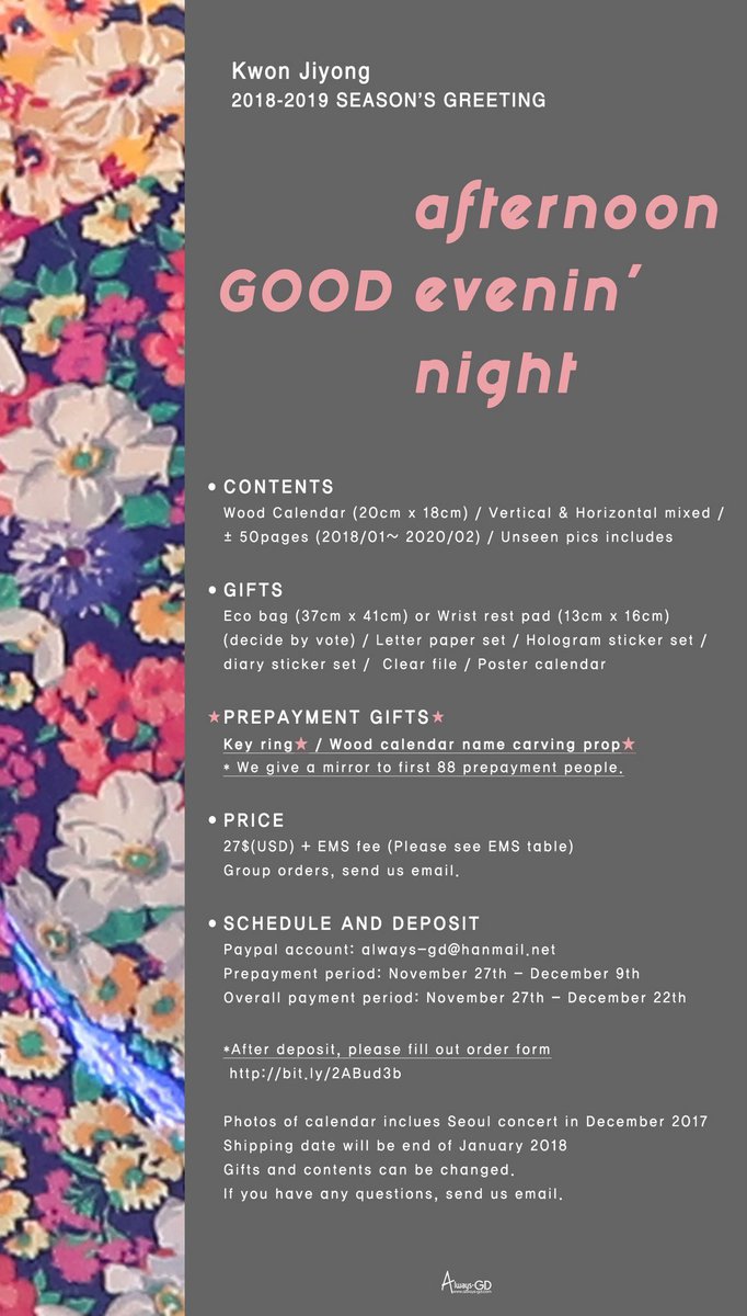 GD_WORLDWIDE's tweet photo. [SG GO] @always_gd 2018-2019
Season's Greeting 🖼

Good-afternoon
Good-evenin' Good-night 🌼

🗓 Wood Calendar (2yr Calendar)
📎 Prepayment deadline: 08/12
📎 Final deadline: 21/12

https://t.co/MTKSaUreVN https://t.co/ogjb8hPGKU