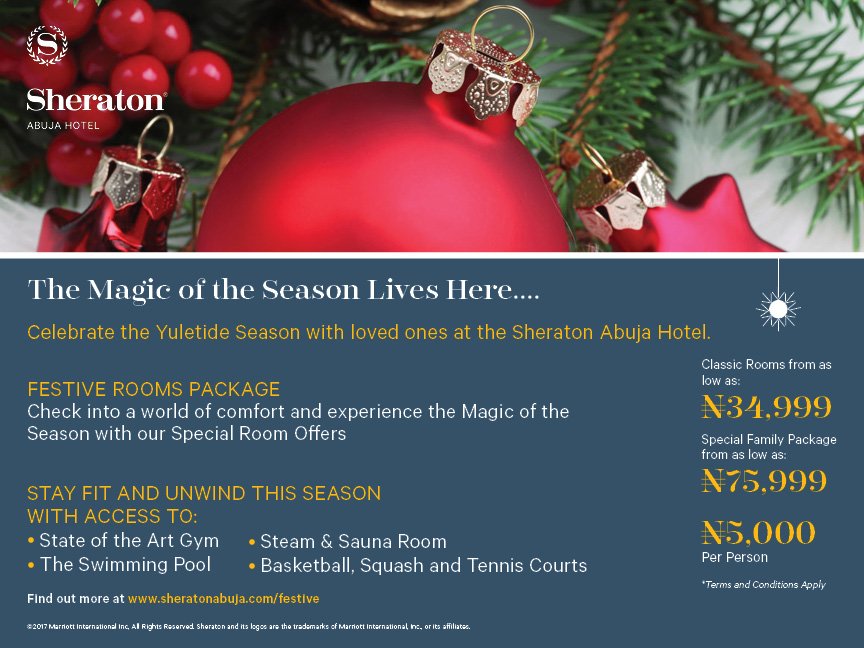 SheratonAbuja's tweet photo. The #SheratonAbuja #Hotel is spreading the #SeasonsCheer far and wide!!
#Christmas #Laughter #Care #Share #Cheer #ChristmasCheer #Joy #SantaClause #ChristmasBuffet #FestivePackage #NewYear #Celebrate #Xmas #FestiveSeason #FunGrotto #FatherChristmas #Entertainment #ChristmasFeast https://t.co/n0zZYUBNNP