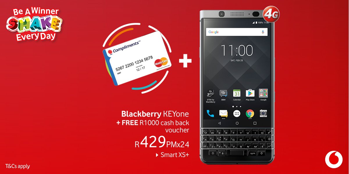 Vodacom's tweet image. Call it #BlackFriday if you want, but it’s our deal of the day and it’s a @BlackBerry_ZA KEYone with a FREE R1000 Cash Back voucher. RT this tweet now and stand a chance to win today’s #ShakeEveryDay prize. bit.ly/2Auvdpn T&amp;amp;Cs apply