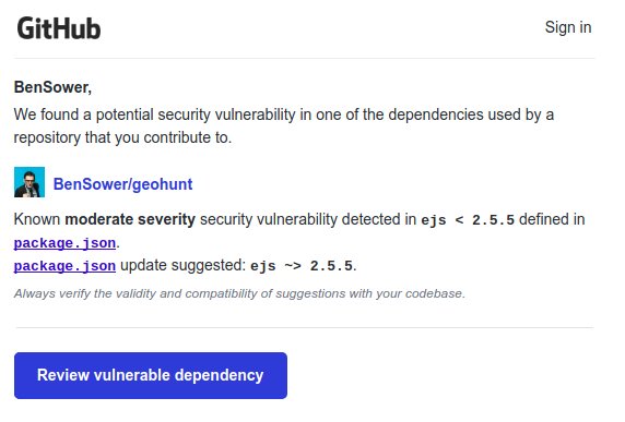 R3d1st's tweet photo. @github just sent me an email notifying me that a dependency of an old project of mine is vulnerable. Thanks guys, that's pretty cool! https://t.co/g97c2gXJ9A