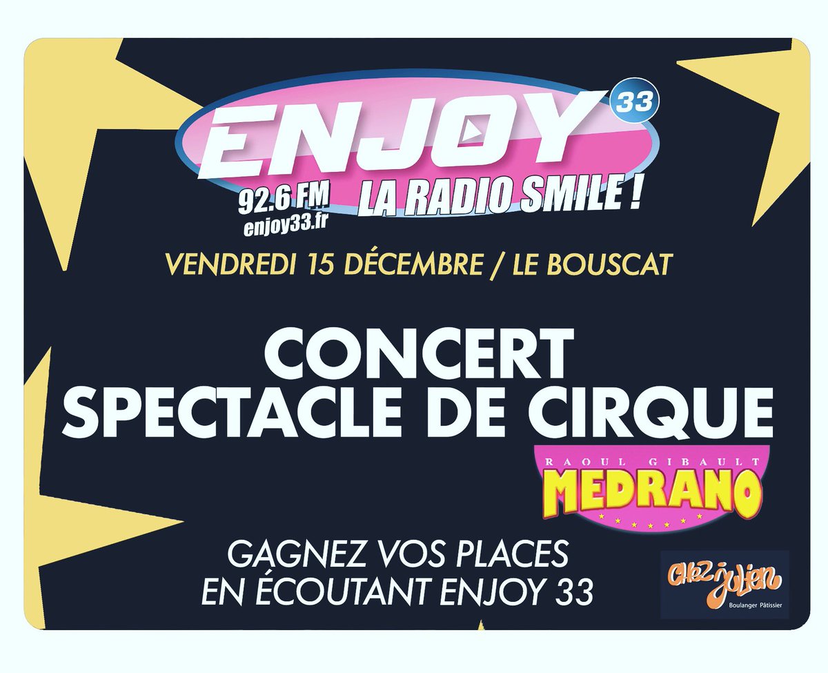 Ce #Vendredi on est à pile 2 semaines !!! #Soiree #EnjoyLiveVip #Noel <a href="/JessyMATADOR/">Jessy MATADOR</a> <a href="/MoussierTombola/">Moussier Tombola</a> <a href="/CirqueMedrano/">Cirque Medrano</a>  ➡️ gagnez vos #places la semaine prochaine en écoutant #Enjoy33 🎁🔝