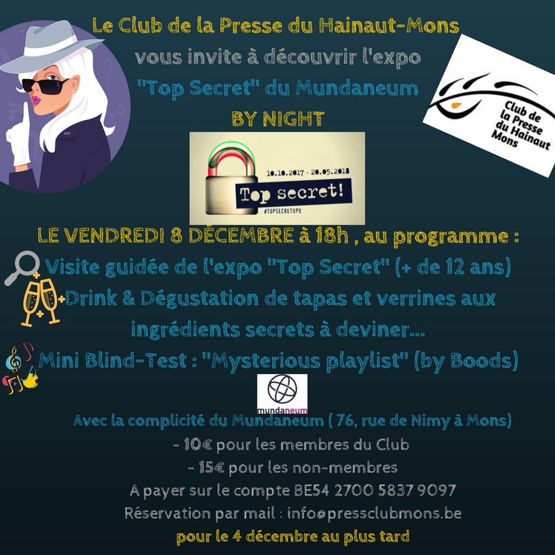 ClubPresseMons's tweet photo. Rejoignez-nous ! #TopSecret #BlindTest #secret
Avec @Mundaneumasbl https://t.co/7jzLi28Ocl