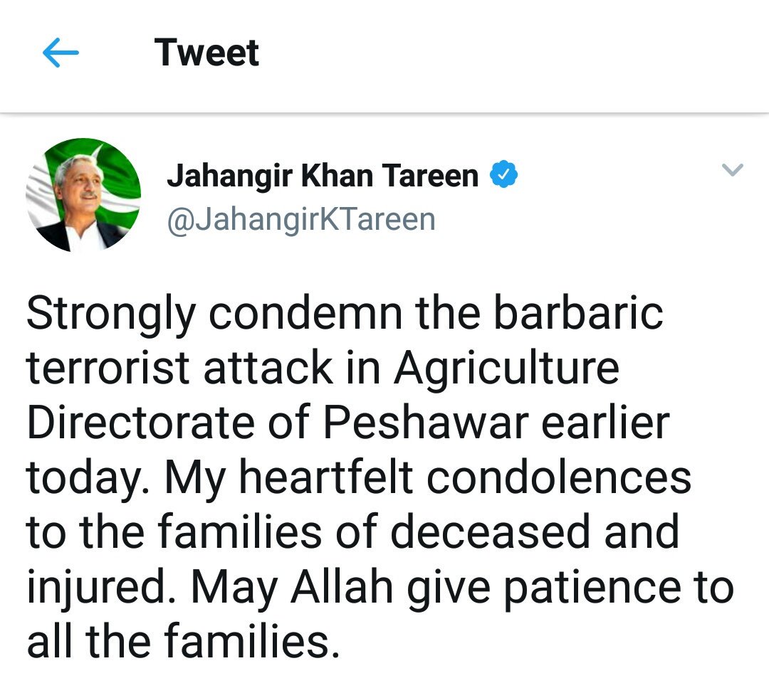 atvpakistan's tweet photo. مرکزی سیکرٹری جنرل تحریک انصاف جہانگیر ترین کی زرعی ڈائریکٹوریٹ پشاور پر دھشت گرد حملے کی پرزور مذمت
#Peshawar #PTI #PeahawarAttack @JahangirKTareen https://t.co/iXf8T6Jv3D