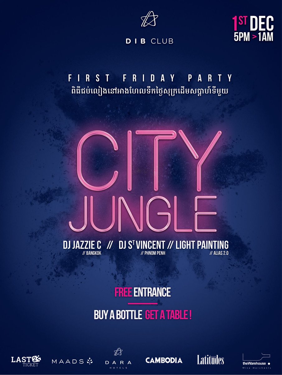 MaadsAsia's tweet photo. It's tonight at #DIBClub!

FREE ENTRANCE, FREE JUNGLE PUNCH from 7pm until 8pm, LIGHT-PAINTING &amp; DJS.

#FirstFridayatDIB #CityJungle #poolparty #phnompenh https://t.co/WHrtVXMrSS