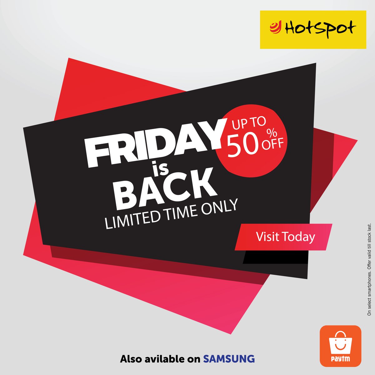 Hotspot_Store's tweet photo. 🤗Happy Friday!!😍 Visit any Hotspot Store and Avail Upto 50% OFF on select models. TnC Apply.
😊Also available on Paytm Mall, for more info ask to Store Staff😆
#HotspotStore #WeekendOffer #PaytmMall https://t.co/FWJHn0j34k