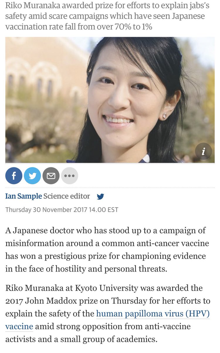 方舟子on Twitter 京都大学医学院医生中村璃子获得今年约翰 马多克斯捍卫科学奖 表彰她在日本科普hpv疫苗 反击反疫苗恐慌 日本hpv疫苗接种率从70 跌到1 为此遭到各种攻击和诉讼 我在12年得过这个奖 目前就两个亚裔获奖者