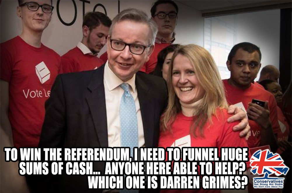 StrongerStabler's tweet photo. Michael Gove's Leave.EU group allegedly funnelled 100s of 1000s of £ through 23yo Darren Grimes (top left in pic). They had hit their spending limit. The cash was then fed through to a Canadian tech firm. #DodgyAsHell #ElectoralFraud #ToriesOut https://t.co/Q8TtF9Sgxj