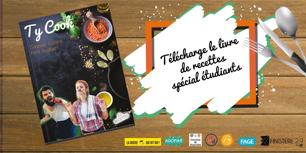 La @fedeb29  @FINISTERE2PT9 COCOTTEETBISCOTTE avec <a href="/Agorae_Brest/">AGORAé Brest</a> &amp; @ruchequiditoui présente TY-COOK. TY-COOK est un livre de grande #cuisine pour petit budget spécial #étudiants distribué à 5000ex et complétement gratuit. Téléchargeable (en fr, en, es) ici finistere2point9.fr/ty-cook/