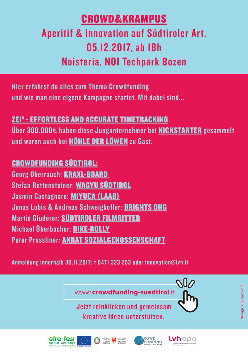 Nicht verpassen! 👹 Ein informelles #Treffen mit #Projektträger, die #Crowdfunding #Kampagnen auf <a href="/kickstarter/">Kickstarter</a> und <a href="/CrowdfundingBZ/">CrowdfundingBZ</a> gestartet haben 💡
---
Da non perdere! 👹 Un incontro informale con persone che hanno lanciato #campagne su <a href="/kickstarter/">Kickstarter</a> e <a href="/CrowdfundingBZ/">CrowdfundingBZ</a> 💡