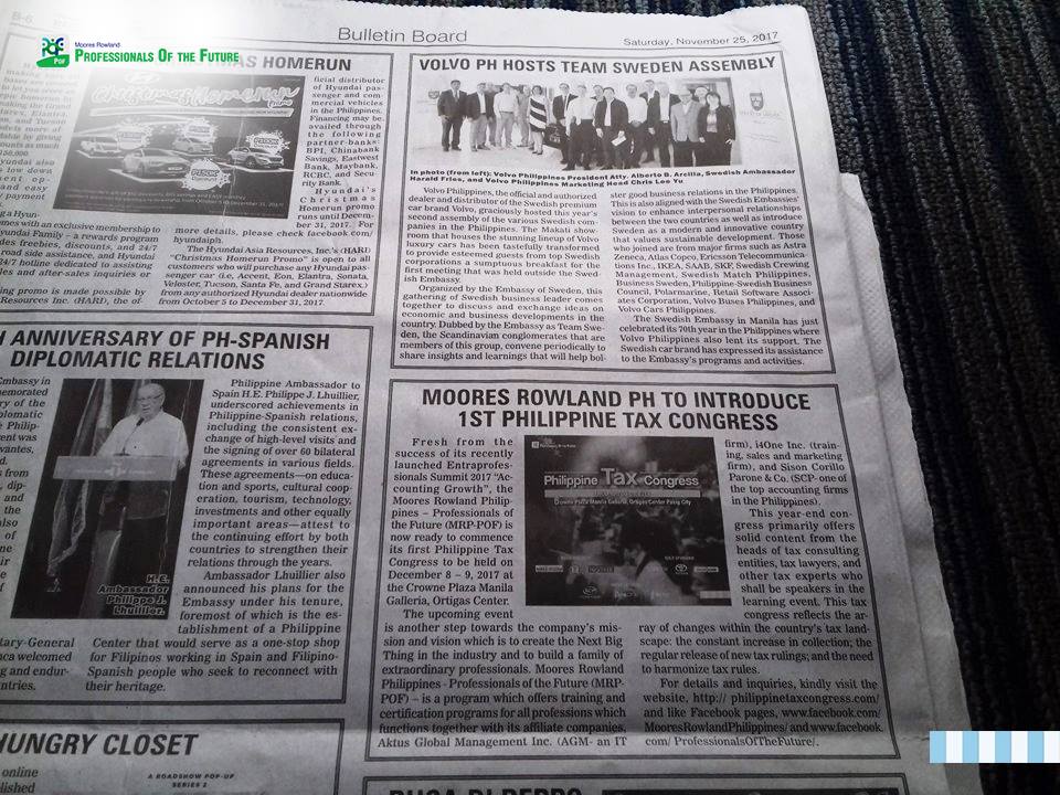 MRP_Ph's tweet photo. We are featured once again in The Nation’s Leading News Paper “Manila Bulletin!”

We only have few days to count before we witness the
biggest year-end event “PHILIPPINE TAX CONGRESS.”
Happening on December 8-9, 2017, 8:00 AM to 5:00 PM at Crowne Plaza Manila, Ortigas Center. https://t.co/ROZLYHeYvR