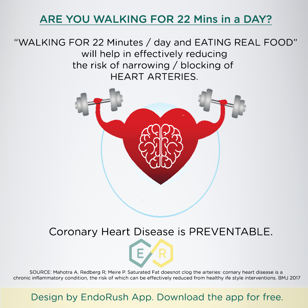 ' Walking for 22 minutes every day along with Good - fat Mediterranean diet can effectively prevent damage to major blood vessels of your HEART.'
#goodfat #mediterraneandiet #preventdamage #bloodvessels #Heart #physiotherapy #EndoRushApp #WalkTheTalk #walking #Fisioterapia