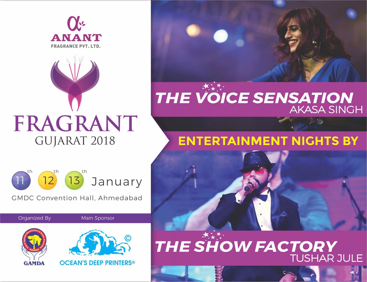 FragrantGuj2018's tweet photo. Treat yourself to fabulous evenings of #musical gala with @AkasaSing &amp; @TusharJules at #FragrantGujarat2018 - India’s largest #Agarbatti Tech #Expo being organized by GAMDA. Don't miss this unique opportunity to combine fun &amp; networking. https://t.co/XwJ8WQbhx5 https://t.co/oVzxmHoOco
