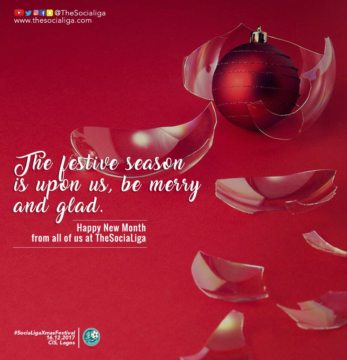 TheSociaLiga's tweet photo. Decembers are for festivals 🕺🏾💃🏽

Happy new month from all of us @TheSociaLiga 

See you on the 16th of December 2017 @ the #SociaLigaXmasFestival 

Get your tickets(N1,500) from https://t.co/AGBIiKjYul https://t.co/T42Ebnn2BI