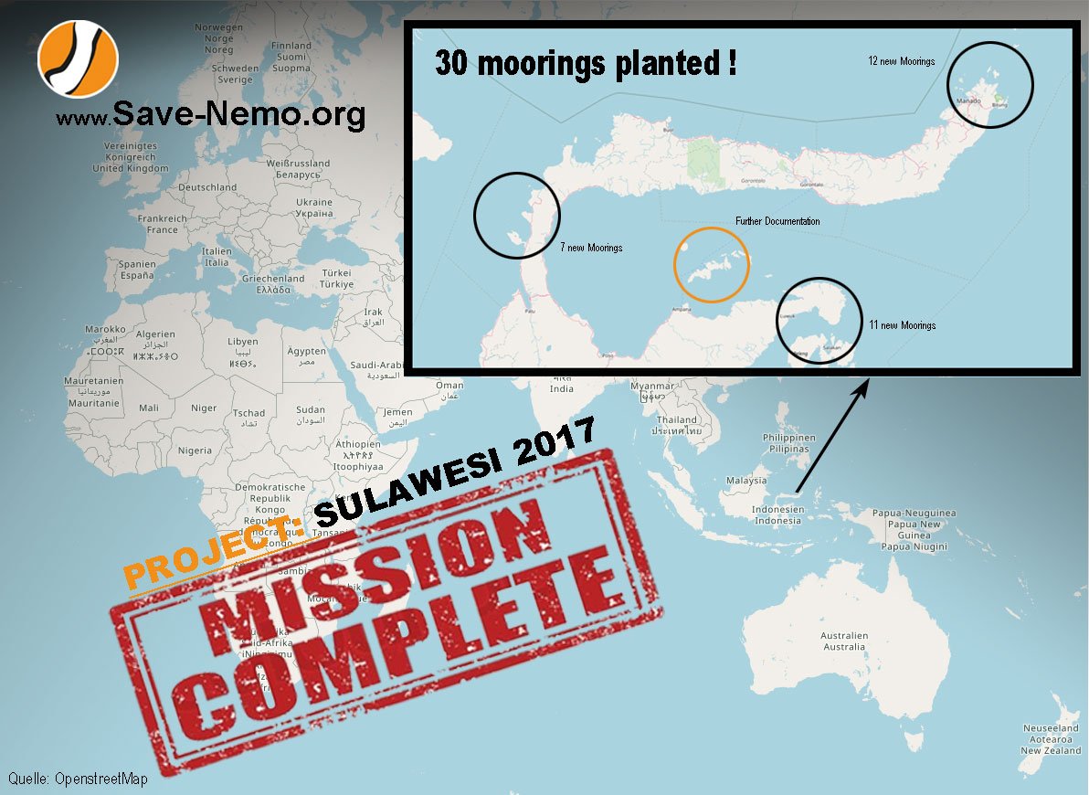 save_nemo's tweet image. #WeSaveNemo Mission accomplished. 30 moorings in Sulawesi Indonesia successfully installed to protect reefs against anchors. goo.gl/RPbB1m