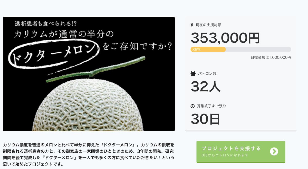 happyquality_jp's tweet photo. 【ご支援ありがとうございます!】
おかげさまでパトロン数30人超えました!ありがとうございます!
しかし、まだまだ目標には足りません。引き続きご支援よろしくお願いします!
https://t.co/hDzH2KTmeH
#drmelon
#ドクターメロン
#クラウドファンディング
#campfire https://t.co/GqM8XzI3Dq