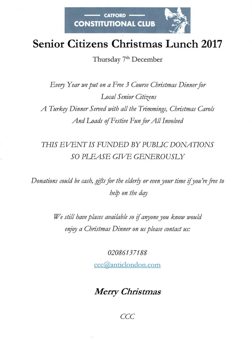 There's still places available for our annual Free Senior Citizens Christmas Lunch from midday Tuesday 7th December, if you'd like to invite anyone you know or would like to help, please get in touch