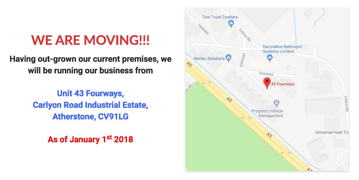 Atherstone_GSC's tweet photo. WE ARE MOVING!!!
Having out-grown our current premises, we will be running our business from
Unit 43 Fourways,
Carlyon Road Industrial Estate,
Atherstone, CV91LG
As of January 1st 2018 https://t.co/8aahyhZ9gH