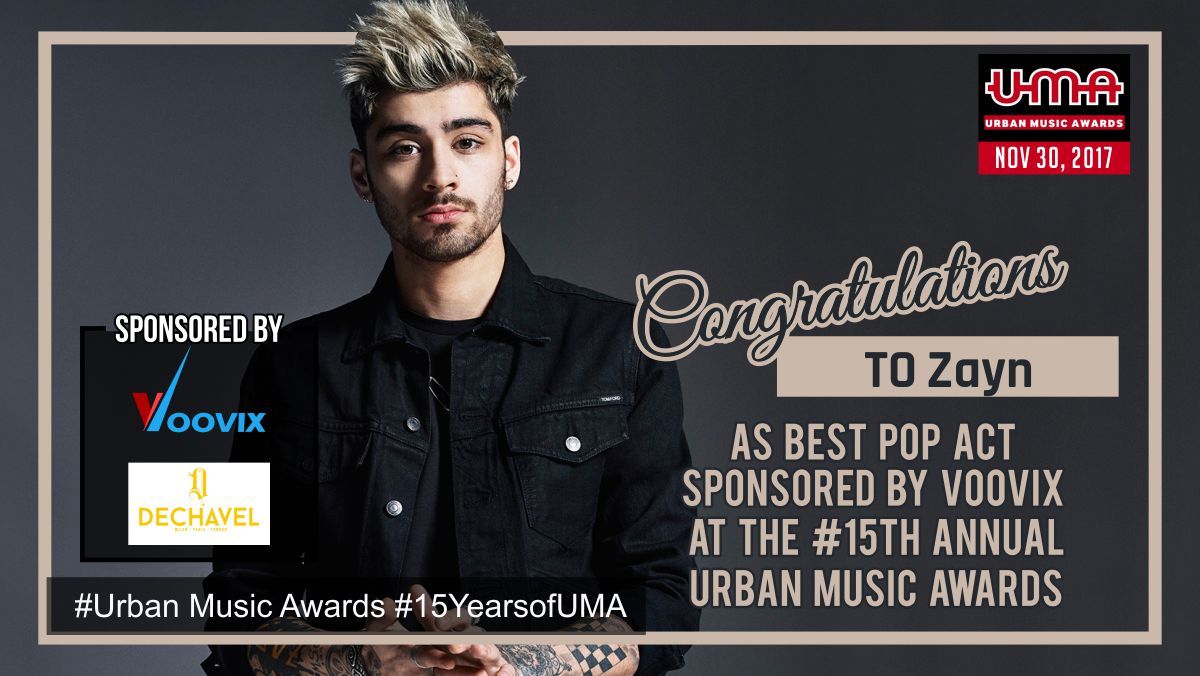 Urbanmusicaward's tweet photo. Congratulations to @zaynmalik voted #BestPopAct2017 at the @Urbanmusicaward last night . #UMA #UrbanMusicAwards #15YearsofUMA #NewMusicFriday https://t.co/GqZJX2BteD