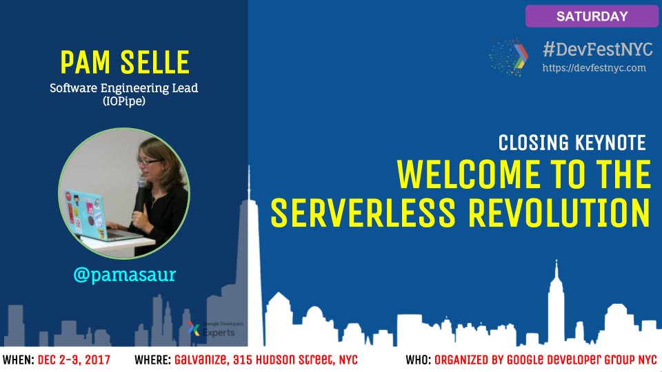 GDGHudsonValley's tweet photo. And bookending that..

Announcing our CLOSING keynote with @pamasaur  (Saturday @6pm)

Because we think Serverless Computing is relevant to both mobile &amp; web developers

And because @pamasaur is an amazing human being and we wanted to close on a high note!

+ Holiday Cheer Drinks https://t.co/6efhhh5pwf