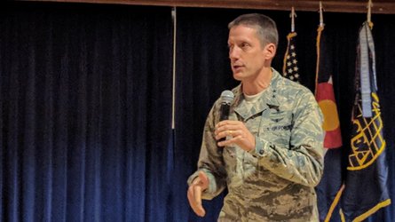 JeffCollinZ's tweet photo. "Readiness and lethality" watchwords during great talk by Maj Gen Skinner, @AFSpace #leader -- multidomain transformation happening for the #USAF. Proud @AFCyberWorx is helping move ball forward fast(!) w/ #AFMDC2 &amp; #AFSpaceSA projects. Thx @AFCEARMC for hosting the luncheon! https://t.co/jCx3nZwzis