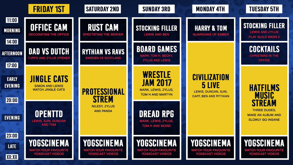 yogscast's tweet image. Congratulations everyone we've made it to December, finally! Here's the schedule for the first few days of #JingleJam2017!