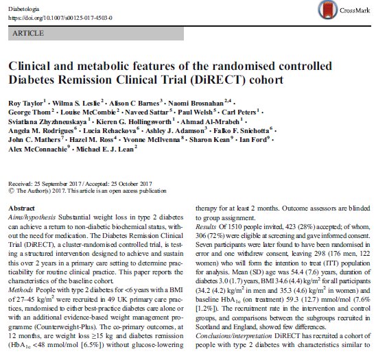 FSniehotta's tweet photo. New in @DiabetologiaJnl: Clinical and metabolic features of the randomised controlled Diabetes Remission Clinical Trial (DiRECT) cohort https://t.co/dyFSISxP1E #OpenAccess. 
Timely reading; the outcome will be reported in next weeks issue of @TheLancet @DiabetesUK https://t.co/xdvWkxwxur