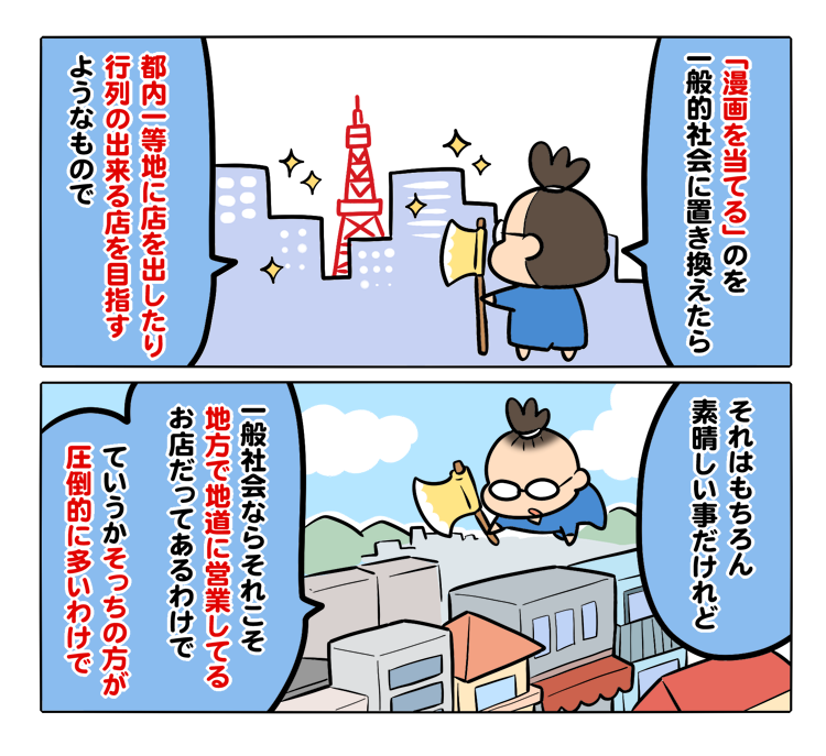 作画担当がKDPの拙著「広告まんが道の歩き方」を漫画化してくれたPart28。もちろんヒットは目指したい。売れたい。切実に売れたい。でもヒット以外はドン底というのも嫌だ。ボチボチやりながらチャンスもうかがう。そういうのがいいんだよな〜(笑)
https://t.co/iWHhR4S14k 