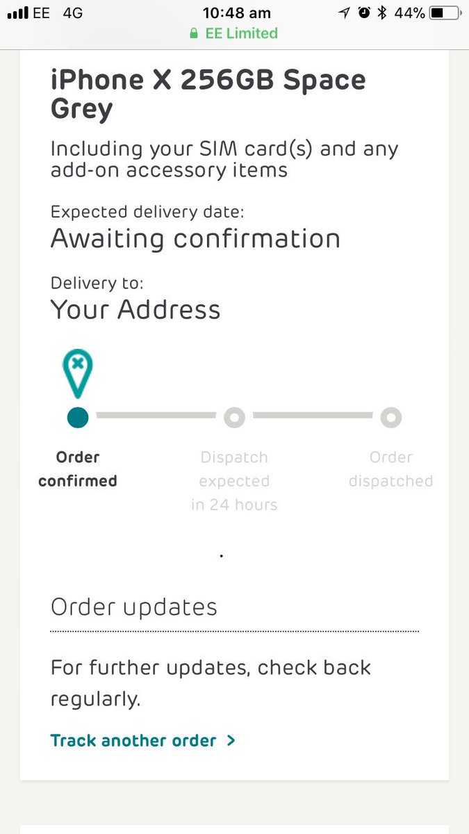 Sharpfellow1's tweet photo. @EE I’m cross!  Upgraded to iPhone X 256 purely as you said was in stock and would dispatch in 24 hours. Still stuck in first slot 36 hours later. https://t.co/Fr30PbbX9n