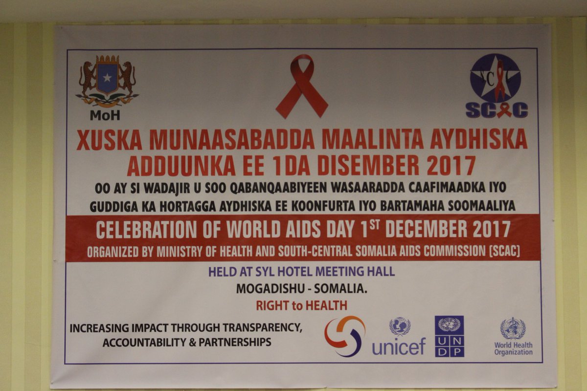 MoH_Somalia's tweet photo. World AIDS Day, 1 December 2017  
xuska munaasabadda Maalinta Aydhis Adduunka ayaa lagu qabtay magaaladda Mogadishu waaxana ka soo qeyb galay Munaasabada wasiirka  Caafimaadka  Soomaaliya Dr.Fawziya abikar Nur Wasiirk Warfaafinta Soomaaliya @engyarisow https://t.co/OKrpV1NKet