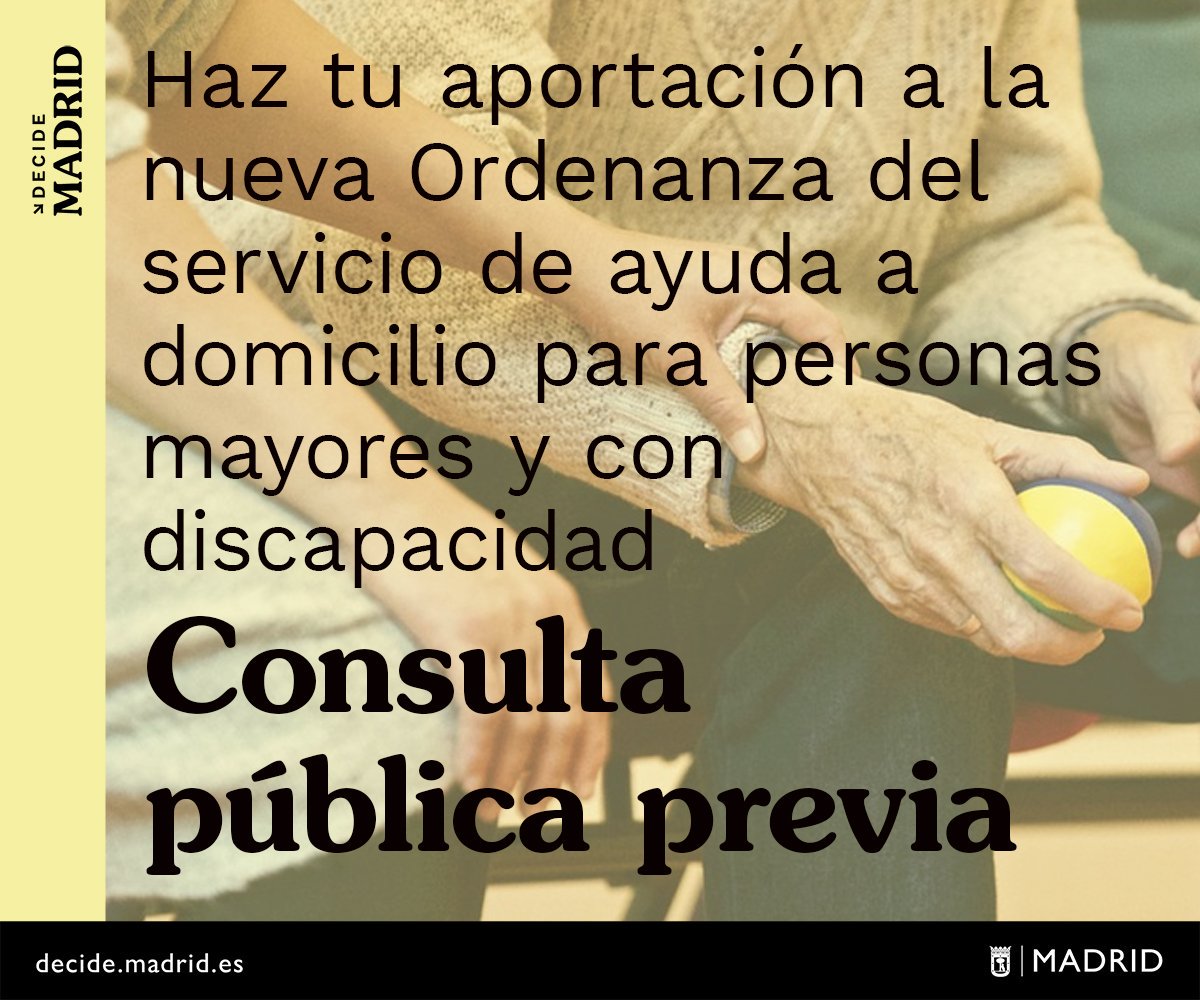 ¿Cómo propones que se regule la ayuda a domicilio para personas mayores y con discapacidad?

El Ayuntamiento de <a href="/MADRID/">Ayuntamiento Madrid</a> abre esta consulta sobre la nueva Ordenanza.

Haz tus aportaciones hasta el 12 de diciembre decide.madrid.es/legislation/pr…