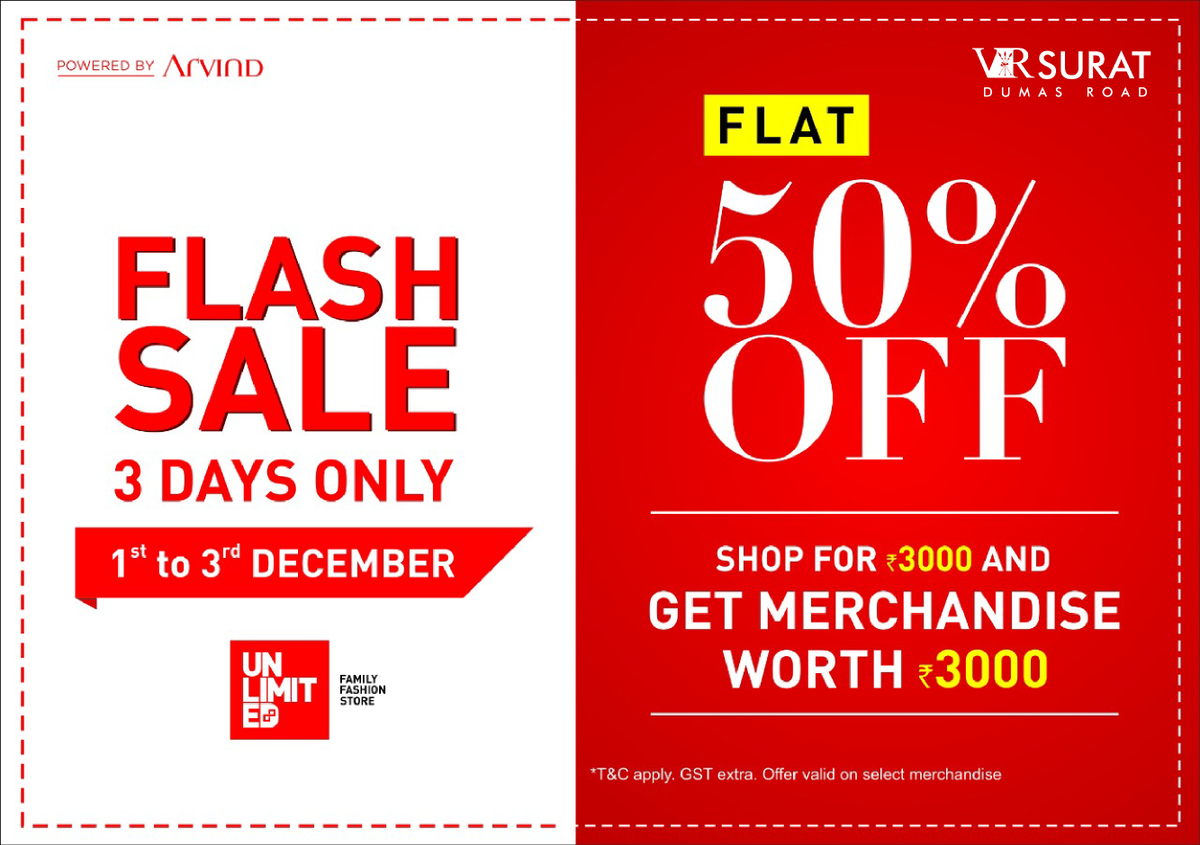 VRSurat's tweet photo. Fashion unlimited and offers unlimited too!
Avail this exciting offer at Unlimited and get 50% off on select merchandise! Only at #VRSurat
#WeekendsAtVR #ShoppingTherapy https://t.co/SMHo5HkTbb