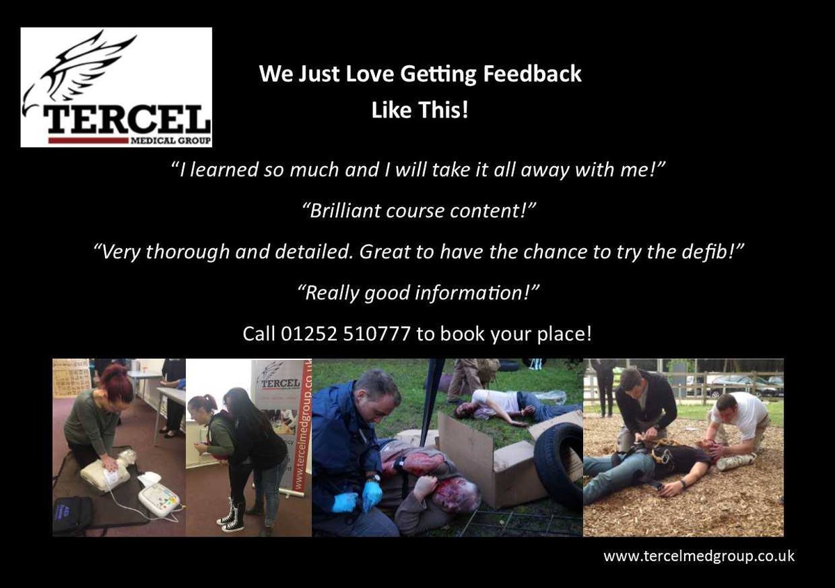 TercelMedGroup's tweet photo. We're so proud of the customer experience we provide on our First Aid courses. Call now to sign up to improve your skills 01252 510777 email: info@tercelmedgroup.co.uk https://t.co/Vrm2GMbbJr