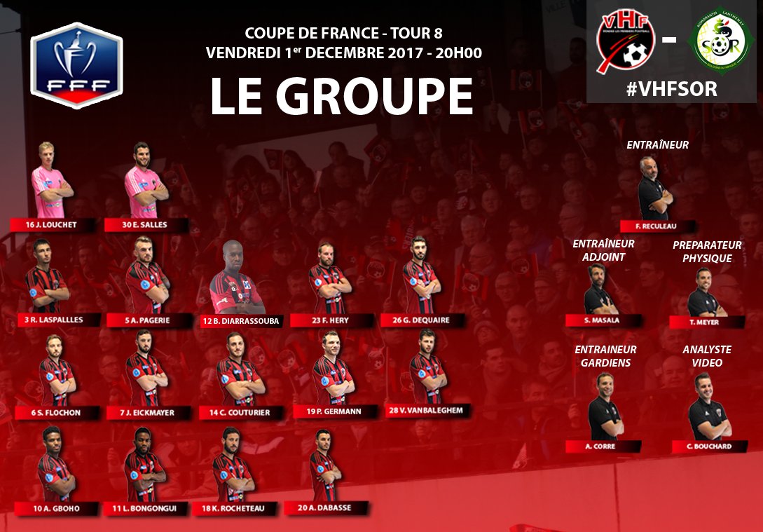 VHFootOfficiel's tweet photo. #VHFSOR : le groupe du #VHF !! 🔴⚫️ #AllezVHF
🏆@coupedefrance #Tour8
🗓️Ce soir 20H
🆚#Romorantin
🏟️#Massabielle https://t.co/7GubrrRKKu