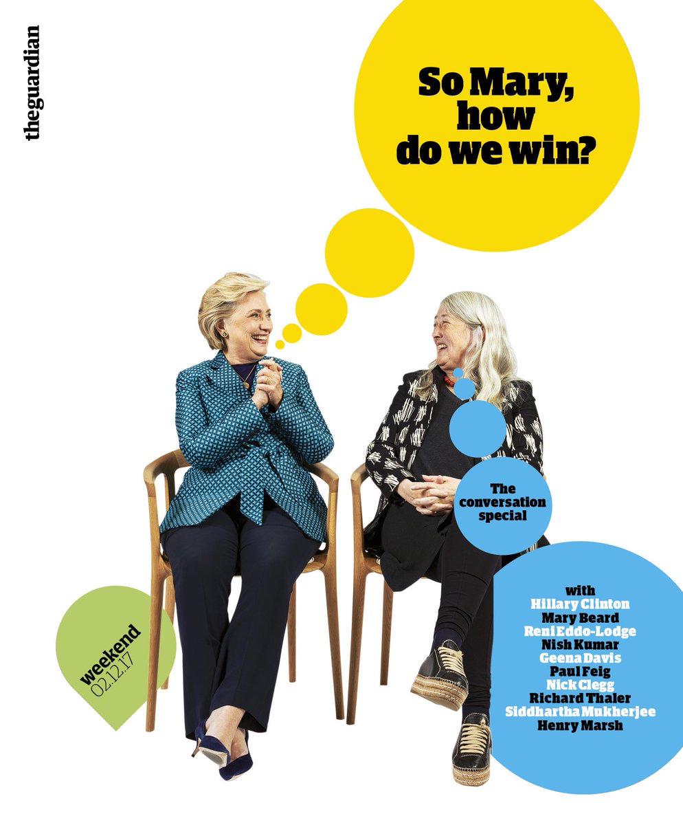Tomorrow's magazine is our third annual conversation special featuring <a href="/HillaryClinton/">Hillary Clinton</a> &amp; <a href="/wmarybeard/">mary beard</a>; <a href="/MrNishKumar/">Nish Kumar</a> &amp; <a href="/renireni/">Reni Eddo-Lodge</a>; <a href="/GDIGM/">Gaja Digman</a> &amp; <a href="/paulfeig/">Paul Feig</a>; <a href="/nick_clegg/">nick_clegg</a> &amp; <a href="/R_Thaler/">Richard H Thaler</a>; Henry Marsh &amp; <a href="/DrSidMukherjee/">Siddhartha Mukherjee</a>... plus lots, lots more