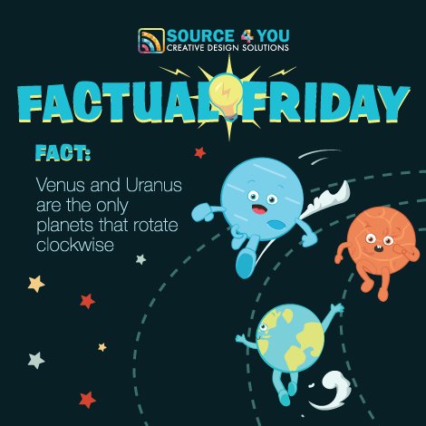 Source4YouPH's tweet photo. Factual Friday!

Fact: 
Venus and Uranus 
are the only planets 
that rotate clockwise.

#Source4YouFactualFriday
#Source4YouVenusAndUranus https://t.co/CHXt16tVPy