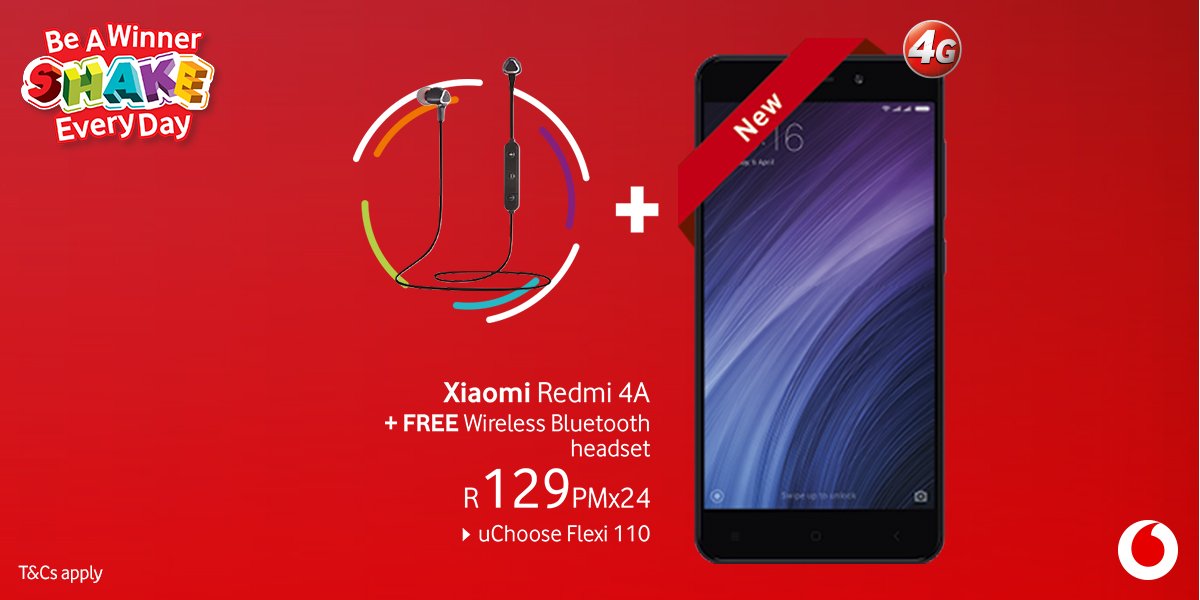 Vodacom's tweet image. They don’t call us SA’s Best Network* for nada! Get the Xiaomi Redmi 4A with wireless Bluetooth headset valued at R349 today! RT this tweet and you could be the one that unlocks todays #ShakeEveryDay mystery prize. bit.ly/2AnCqoM T&amp;amp;Cs apply