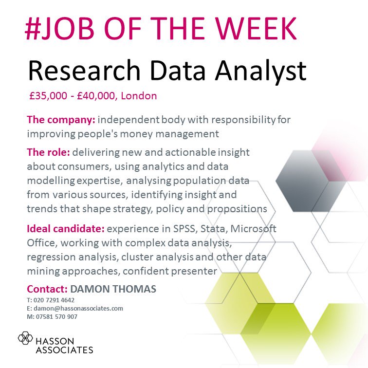 JOB OF THE WEEK: We are looking for an #analyst with proficiency in #SPSS and #Stata to join a financial services advisory organisation. Get in touch with Damon for more info! #JobOfTheWeek #mrxjobs #financialservicesresearch