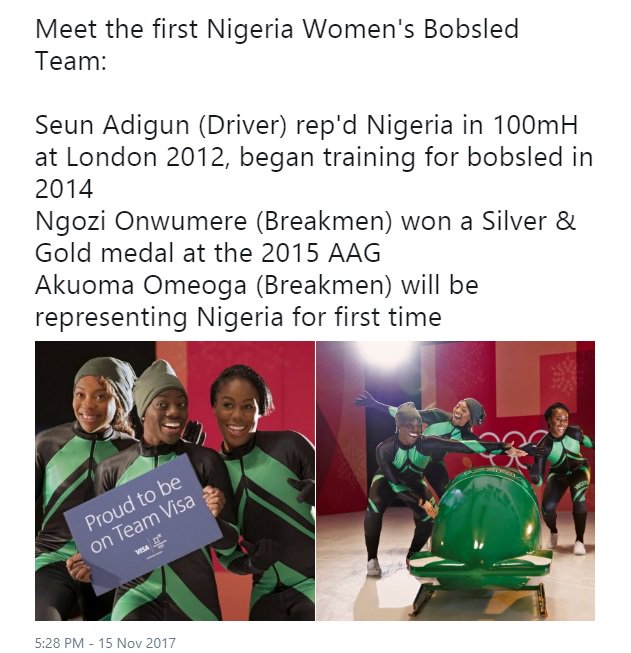 <a href="/NGRPresident/">Presidency Nigeria</a> <a href="/MBuhari/">Muhammadu Buhari</a> <a href="/wizkidayo/">Wizkid</a> @iam_Davido <a href="/MOBOAwards/">MOBO Awards</a> These twitter handles <a href="/atiku/">Atiku Abubakar</a> and <a href="/GEJonathan/">Goodluck E. Jonathan</a> are setting the congratulatory pace while <a href="/MBuhari/">Muhammadu Buhari</a> is doing catch up.

Meanwhile has President <a href="/MBuhari/">Muhammadu Buhari</a> congratulated these Nigerian Women yet? They are 1st ever African representatives to qualify for Olympic Winter Games in Bobsled?
