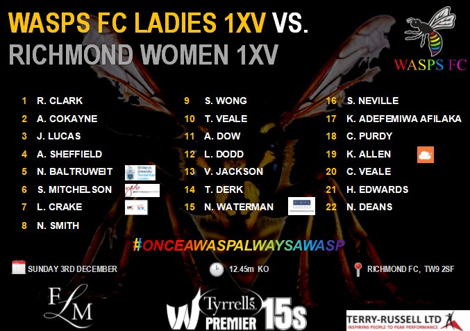 waspswomen's tweet photo. 2 DAYS TO GO

Here is your team to face @RichmondFC1861 in Round 9 of #premier15s 

Get down and #support

OR Enjoy the match from your sofa LIVE on @SkySports 

#onceawasp #blackandgold #makinghistory #rainbowlaces

https://t.co/nIciepqIoF https://t.co/uAJBZKFHR6