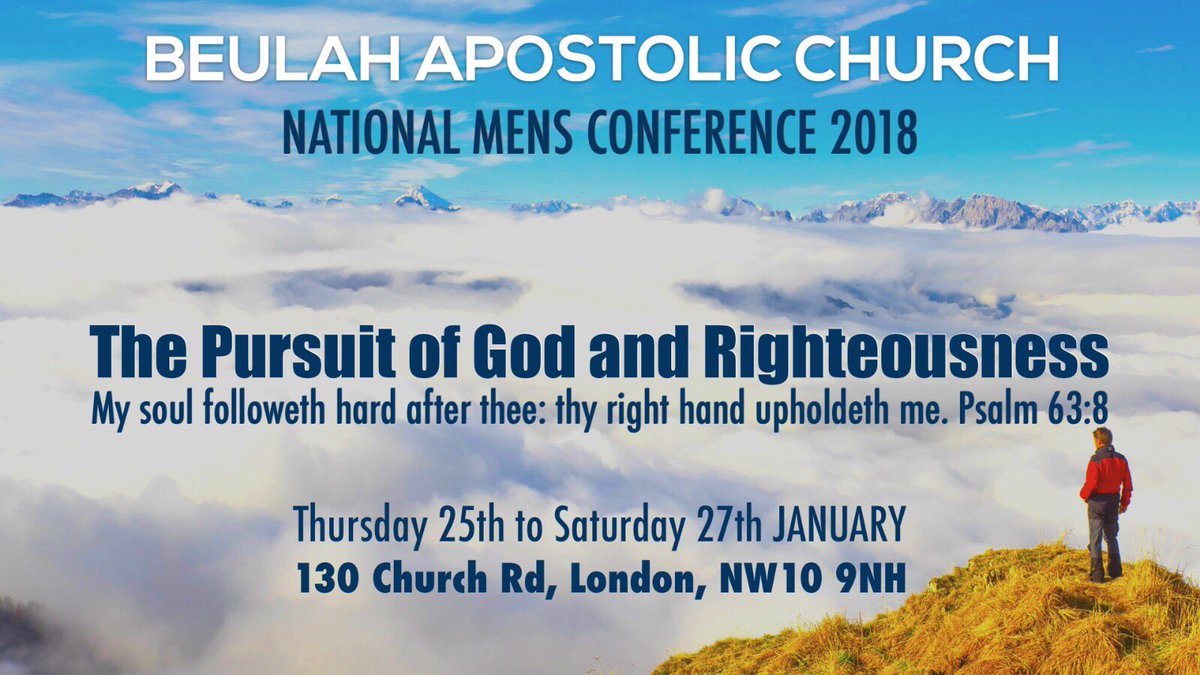 beulahapostolic's tweet photo. Beulah National Men's Conference 2018
#the #pursuit of #god and #righteousness #pogar
#psalm63v8
For more information email info@beulahapostolicchurch.org.uk
#brotherhood #apostolic #pentecostal #men #willesden #beulah #january25to27
#jesus https://t.co/Be06EaYOd3