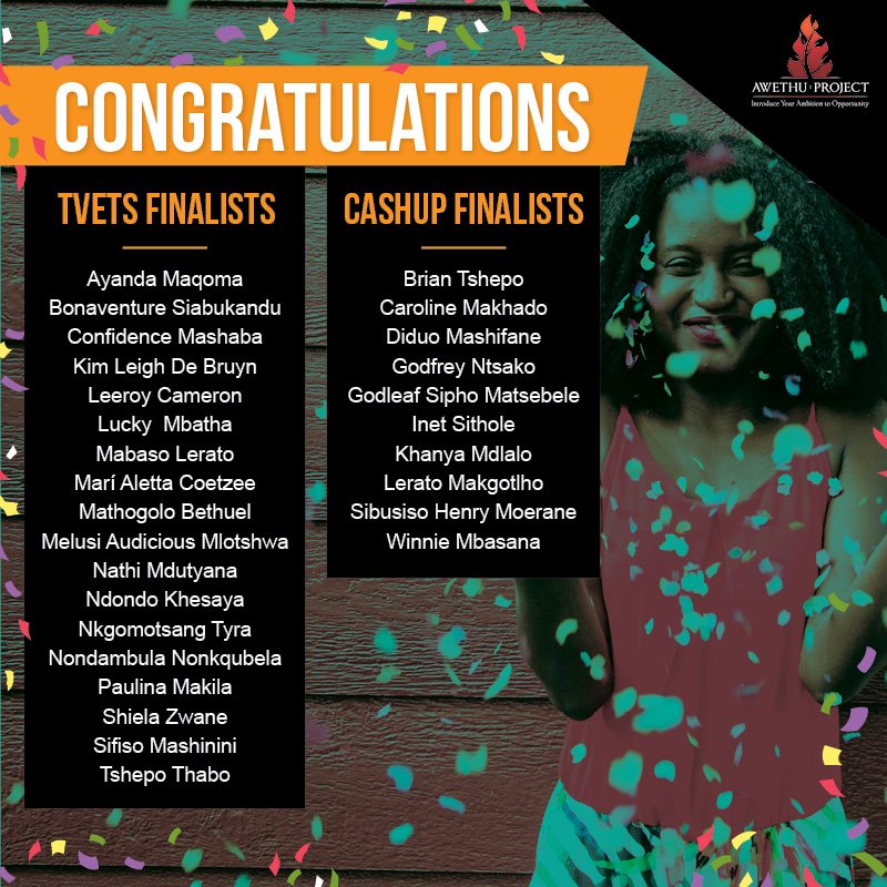 AwethuProject's tweet photo. Drum roll please! Here they are... our semi-finalists for both the Awethu Cash-up Competition and the Absa Turbo TVETS Competition. Both sets of semi-finalists will receive personal business coaching from an Awethu Coach and are in line to win the much-anticipated prize money! https://t.co/6P26topfcb
