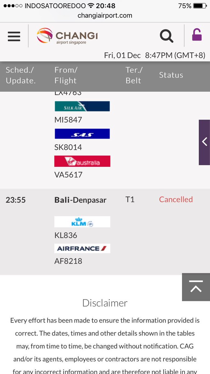 SpaLiva's tweet photo. @KLM which is true.. Changi airport says cancelled, klm website says on time. Flight 1 dec kl0836 https://t.co/R0kSQKjaTa